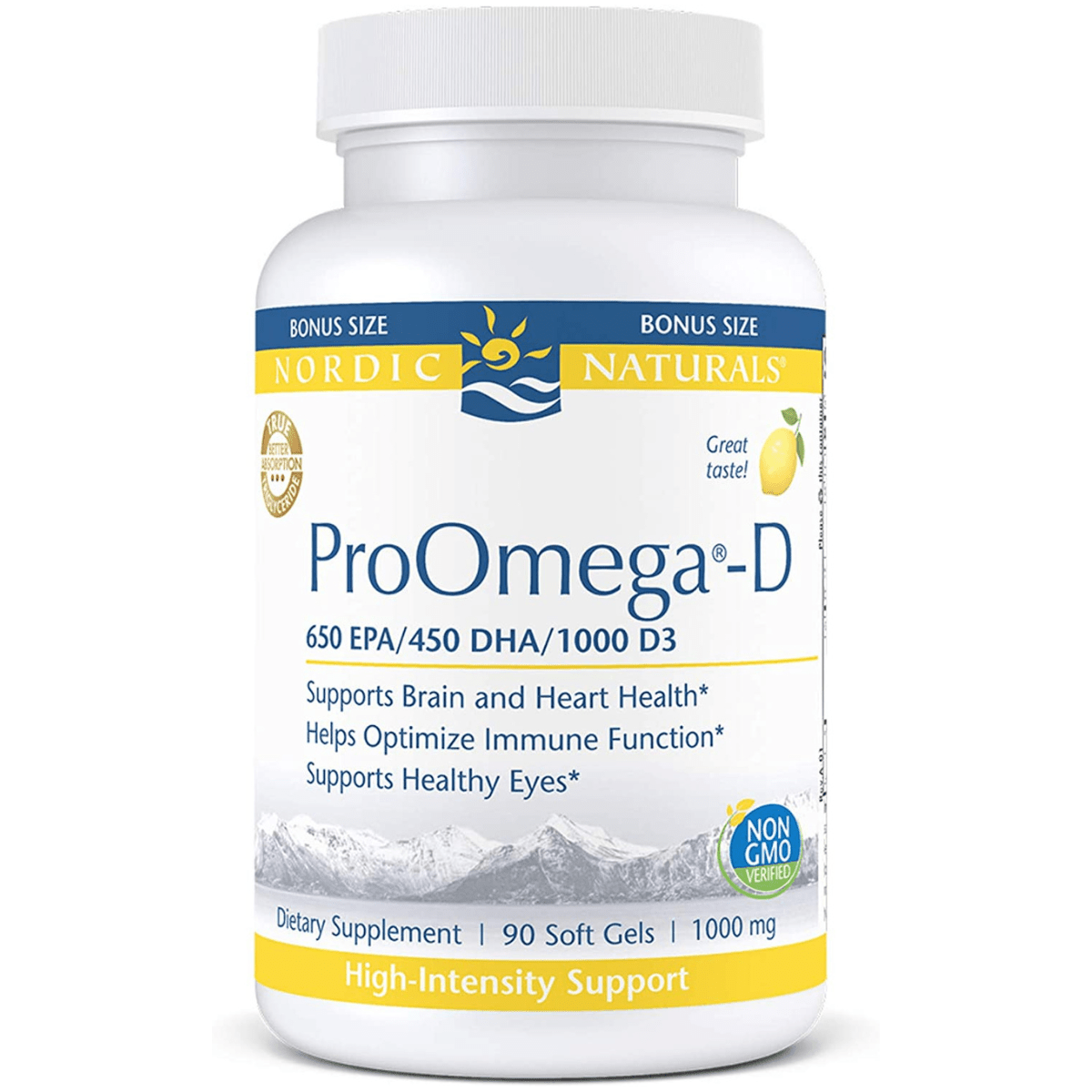 Frasco frontal Bonus Size de Nordic Naturals ProOmega-D, presentación de 90 cápsulas blandas