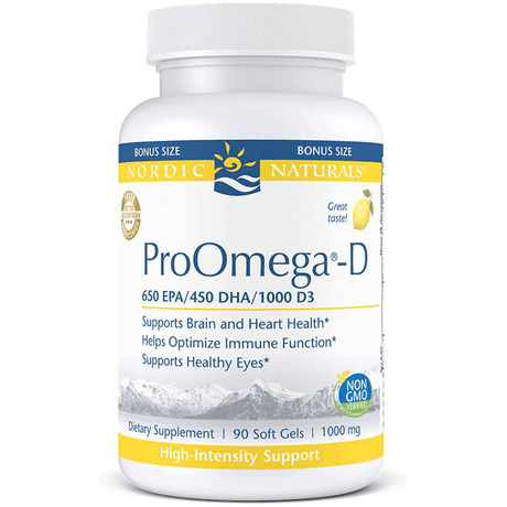 Frasco frontal Bonus Size de Nordic Naturals ProOmega-D, presentación de 90 cápsulas blandas