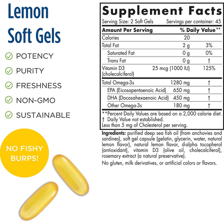 Información del suplemento de Nordic Naturals ProOmega-D con omega 3, EPA, DHA y vitamina D3, presentación de 90 cápsulas blandas