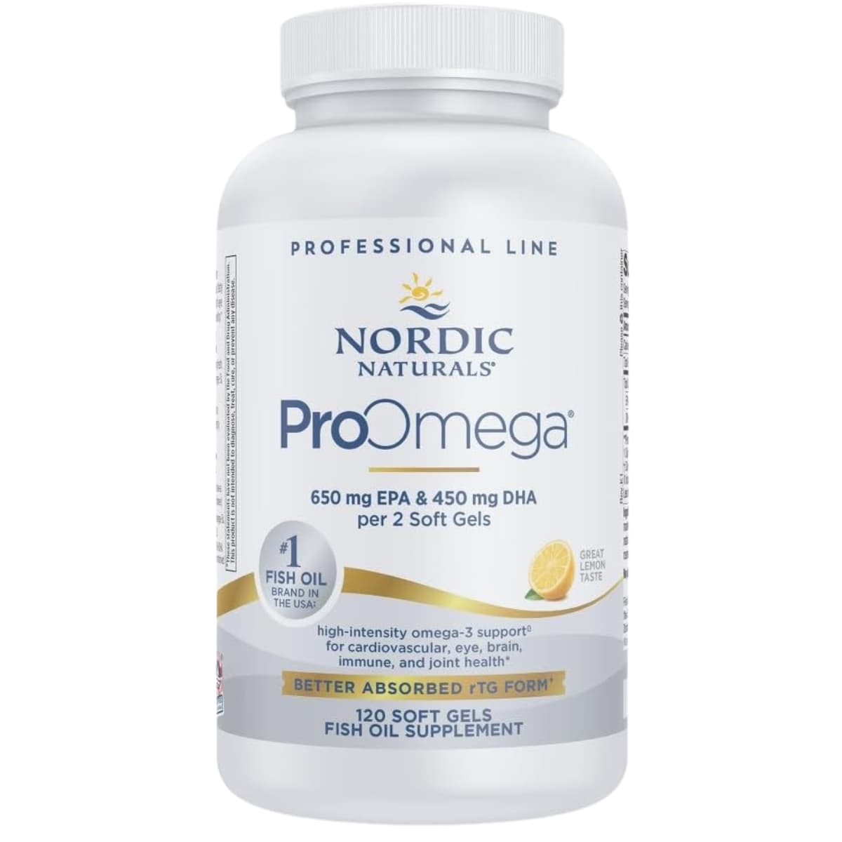 Frasco de suplemento Nordic Naturals ProOmega Limón 120 cápsulas