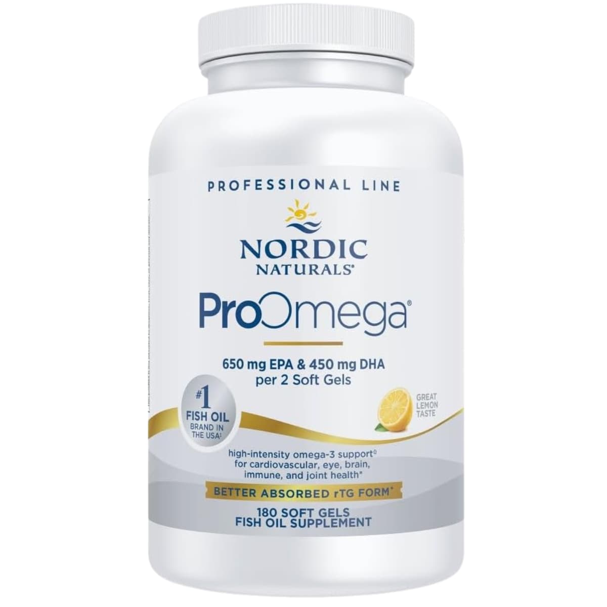 Frasco de suplemento Nordic Naturals ProOmega Limón 180 cápsulas