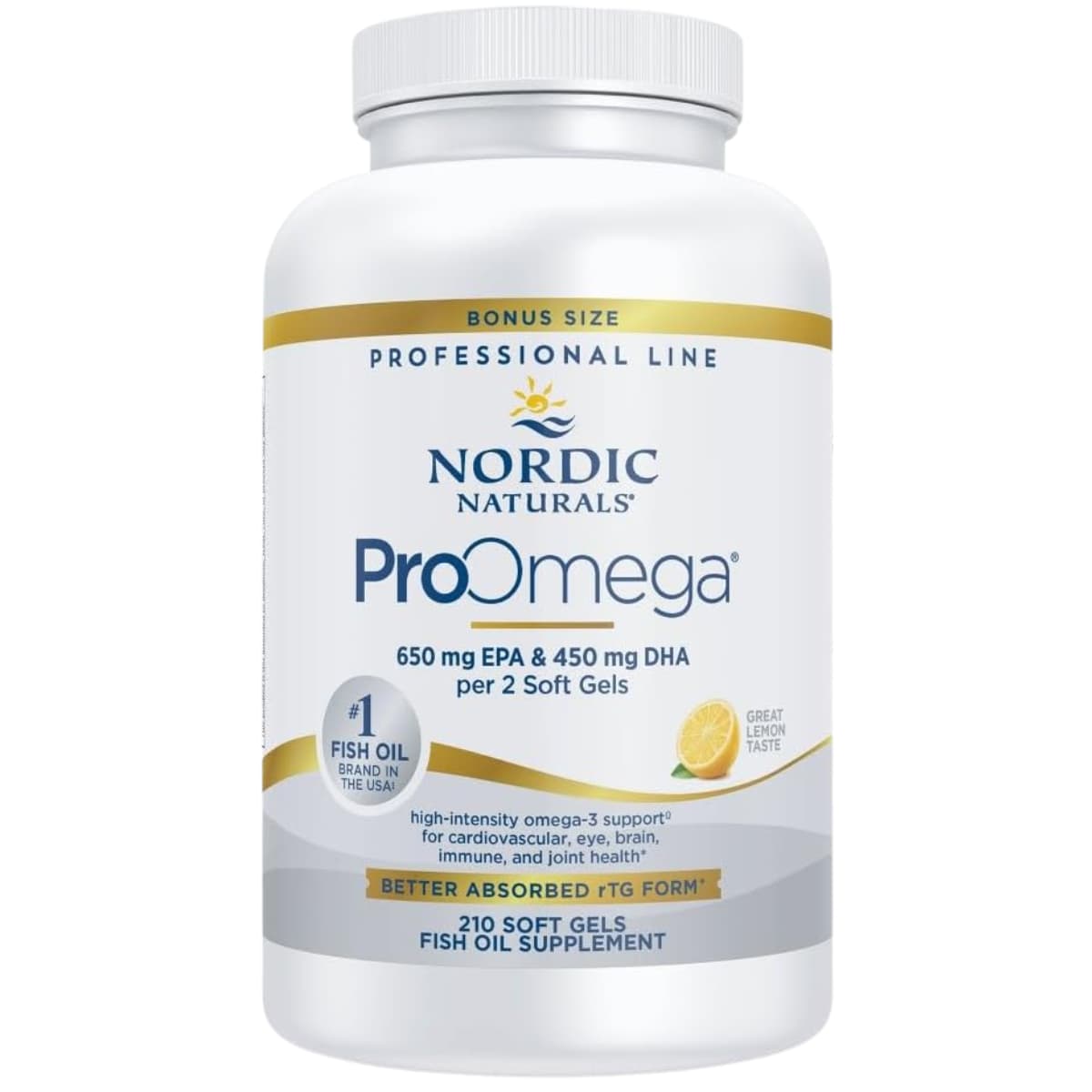 Frasco de suplemento Nordic Naturals ProOmega Limón 210 cápsulas