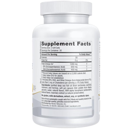 Tabla Nutricional suplemento Nordic Naturals ProOmega Limón 60 cápsulas