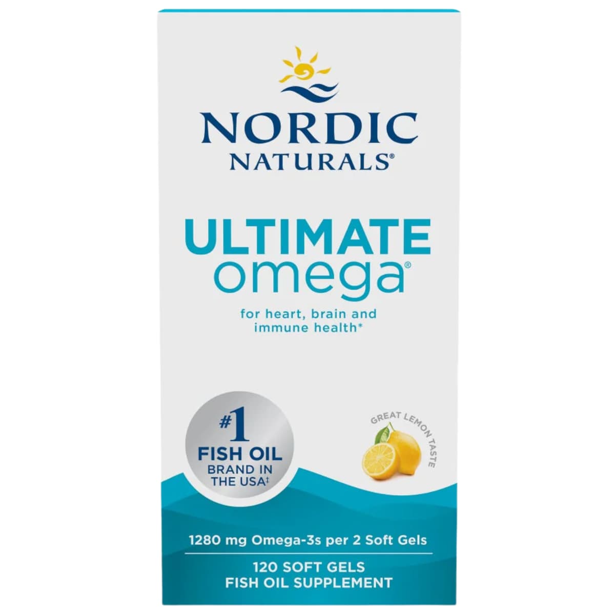 Frasco de suplemento Nordic Naturals Ultimate Omega Limón 120 cápsulas blandas