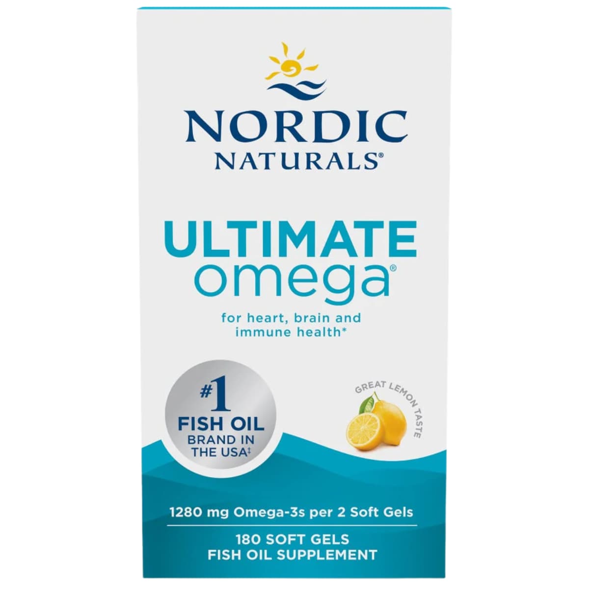 Frasco de suplemento Nordic Naturals Ultimate Omega Limón 180 cápsulas blandas