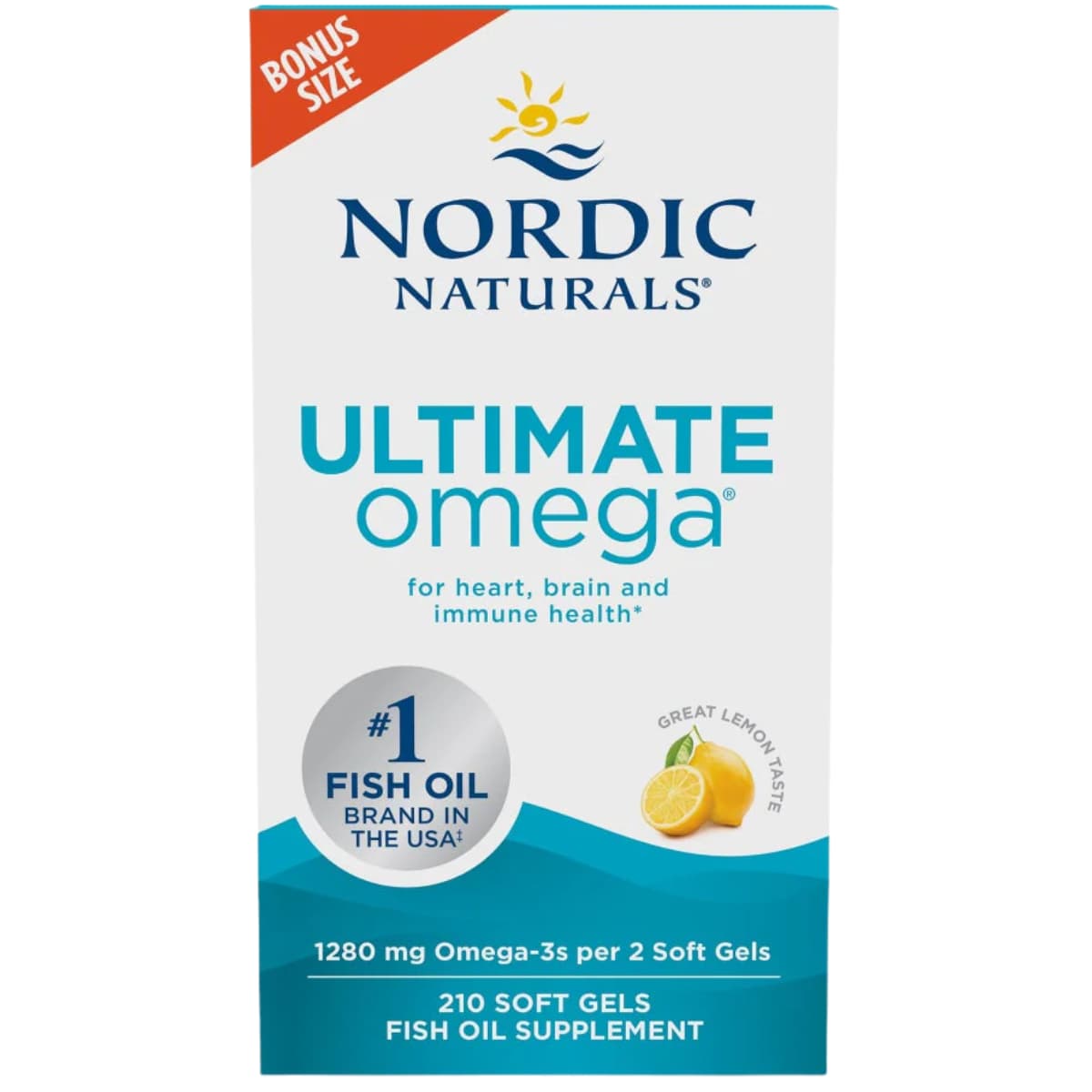Frasco de suplemento Nordic Naturals Ultimate Omega Limón 210 cápsulas blandas