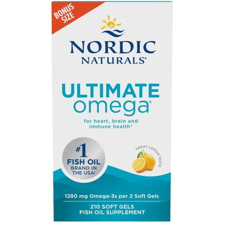 Frasco de suplemento Nordic Naturals Ultimate Omega Limón 210 cápsulas blandas