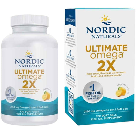 Frasco de suplemento Nordic Naturals Ultimate Omega 2X sabor limón 120 cápsulas blandas