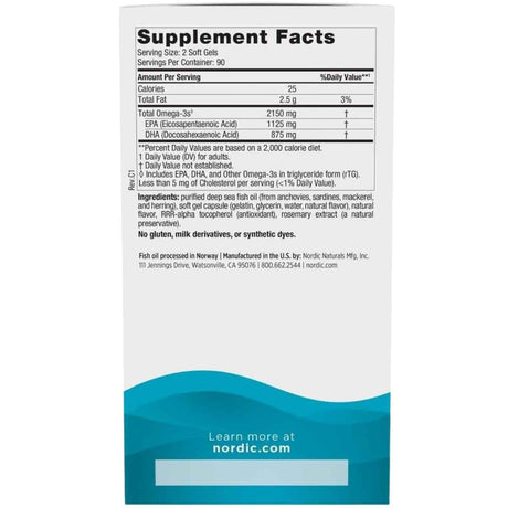 Tabla nutricional del suplemento Nordic Naturals Ultimate Omega 2X limón 180 cápsulas blandas