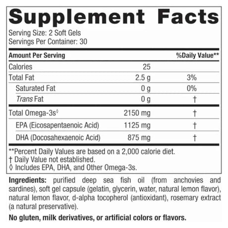 Tabla nutricional del suplemento Nordic Naturals Ultimate Omega 2X limón 60 cápsulas blandas