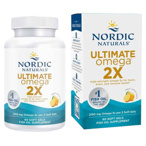 Frasco de suplemento Nordic Naturals Ultimate Omega 2X sabor limón 60 cápsulas blandas