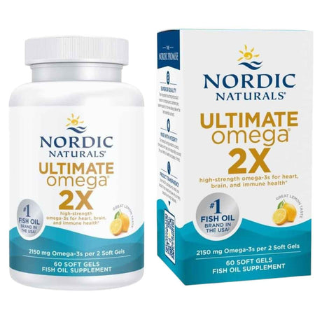 Frasco de suplemento Nordic Naturals Ultimate Omega 2X sabor limón 60 cápsulas blandas
