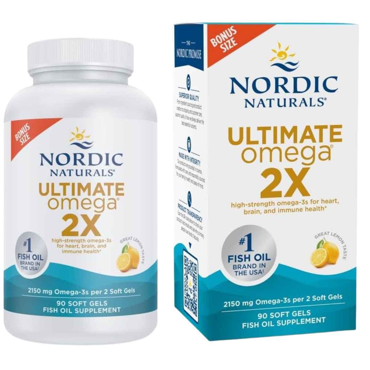 Frasco de suplemento Nordic Naturals Ultimate Omega 2X sabor limón 90 cápsulas blandas