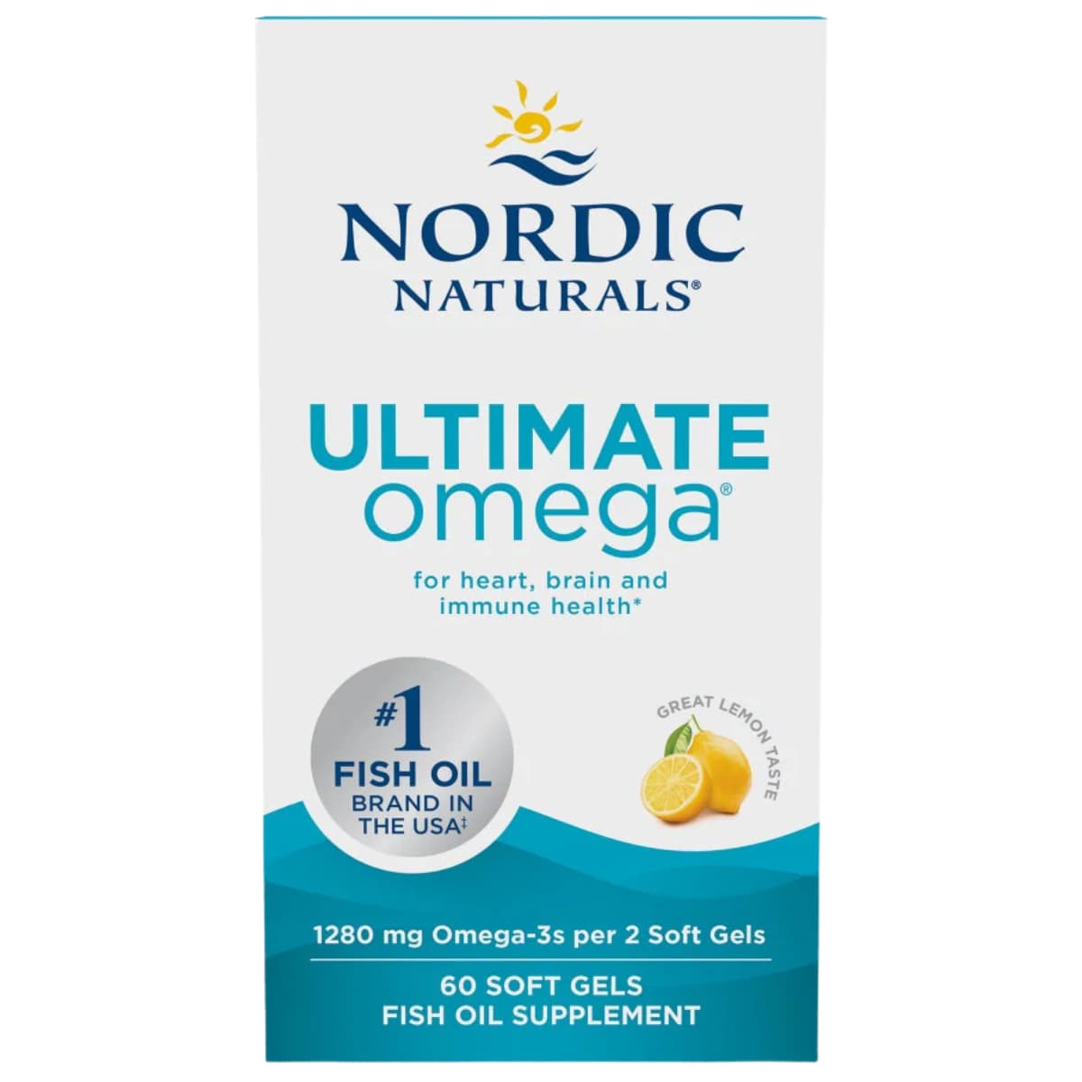 Frasco de suplemento Nordic Naturals Ultimate Omega Limón 60 cápsulas blandas
