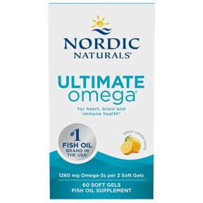 Frasco de suplemento Nordic Naturals Ultimate Omega Limón 60 cápsulas blandas