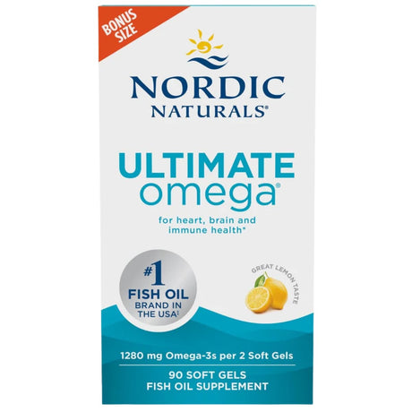 Frasco de suplemento Nordic Naturals Ultimate Omega Limón 90 cápsulas blandas