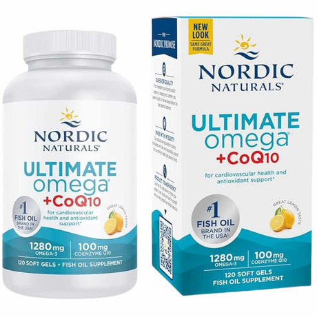 Frasco y caja frontal de Nordic Naturals Ultimate Omega más CoQ10, presentación de 120 cápsulas blandas