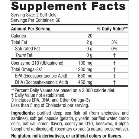 Información del suplemento de Nordic Naturals Ultimate Omega más CoQ10, presentación de 120 cápsulas blandas