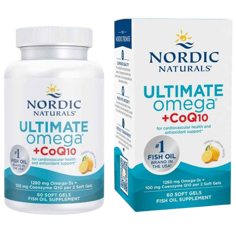 Frasco y caja frontal de Nordic Naturals Ultimate Omega más CoQ10, presentación de 60 cápsulas blandas