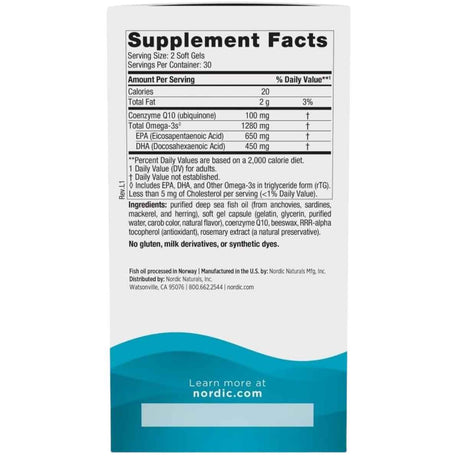 Información del suplemento de Nordic Naturals Ultimate Omega más CoQ10, presentación de 60 cápsulas blandas
