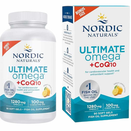 Frasco y caja frontal de Nordic Naturals Ultimate Omega más CoQ10, presentación de 90 cápsulas blandas