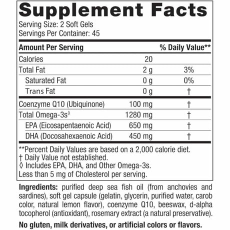 Información del suplemento y códigos visibles de Nordic Naturals Ultimate Omega más CoQ10, presentación de 90 cápsulas blandas