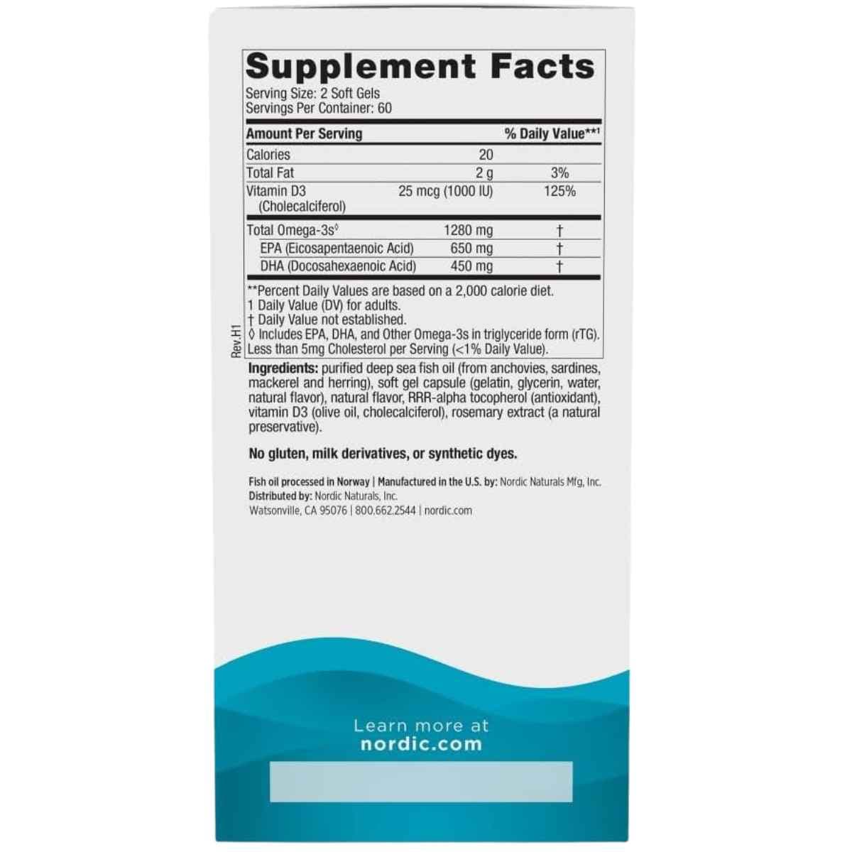 Tabla nutricional del suplemento Nordic Naturals Ultimate Omega-D3 120 cápsulas blandas