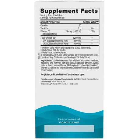 Tabla nutricional del suplemento Nordic Naturals Ultimate Omega-D3 120 cápsulas blandas