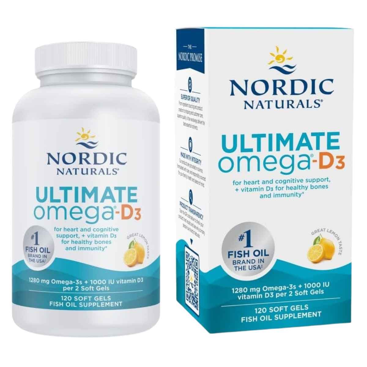 Frasco de suplemento Nordic Naturals Ultimate Omega-D3 120 cápsulas blandas