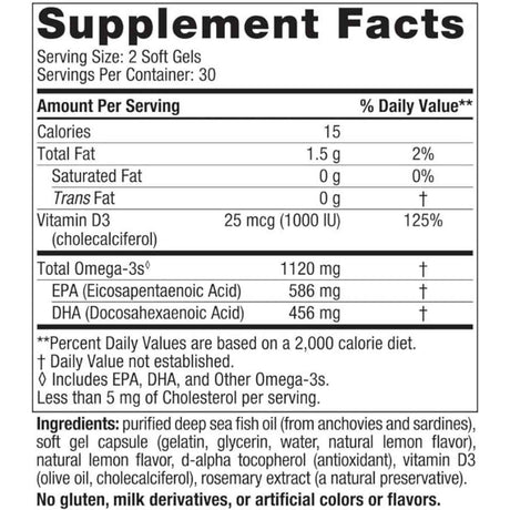 Información del suplemento de Nordic Naturals Ultimate Omega-D3 2X con omega 3, EPA, DHA y vitamina D3