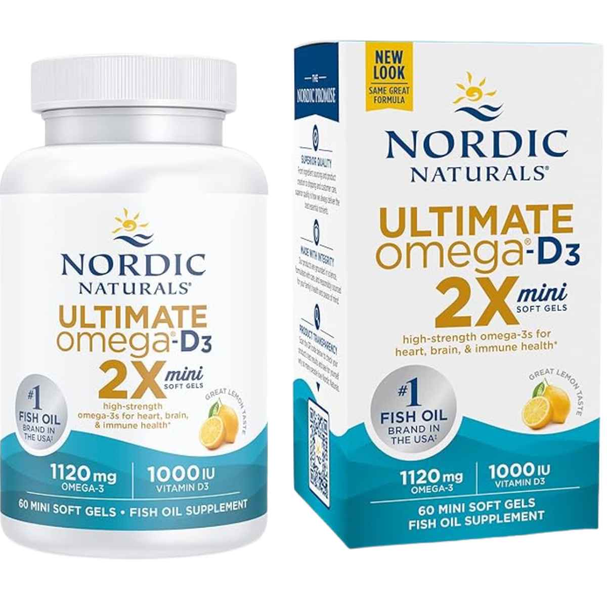 Frasco y caja de Nordic Naturals Ultimate Omega-D3 2X, presentación de 60 cápsulas blandas