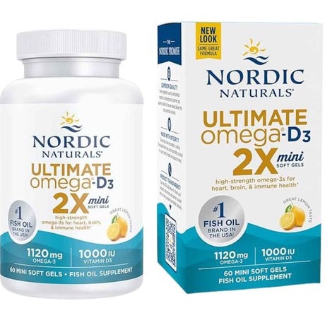 Frasco y caja de Nordic Naturals Ultimate Omega-D3 2X, presentación de 60 cápsulas blandas
