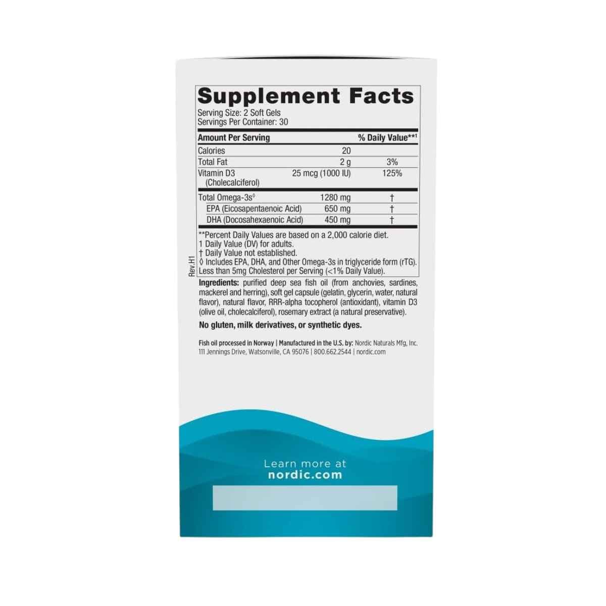 Tabla nutricional del suplemento Nordic Naturals Ultimate Omega-D3 60 cápsulas blandas