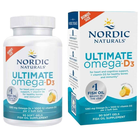 Frasco de suplemento Nordic Naturals Ultimate Omega-D3 90 cápsulas blandas