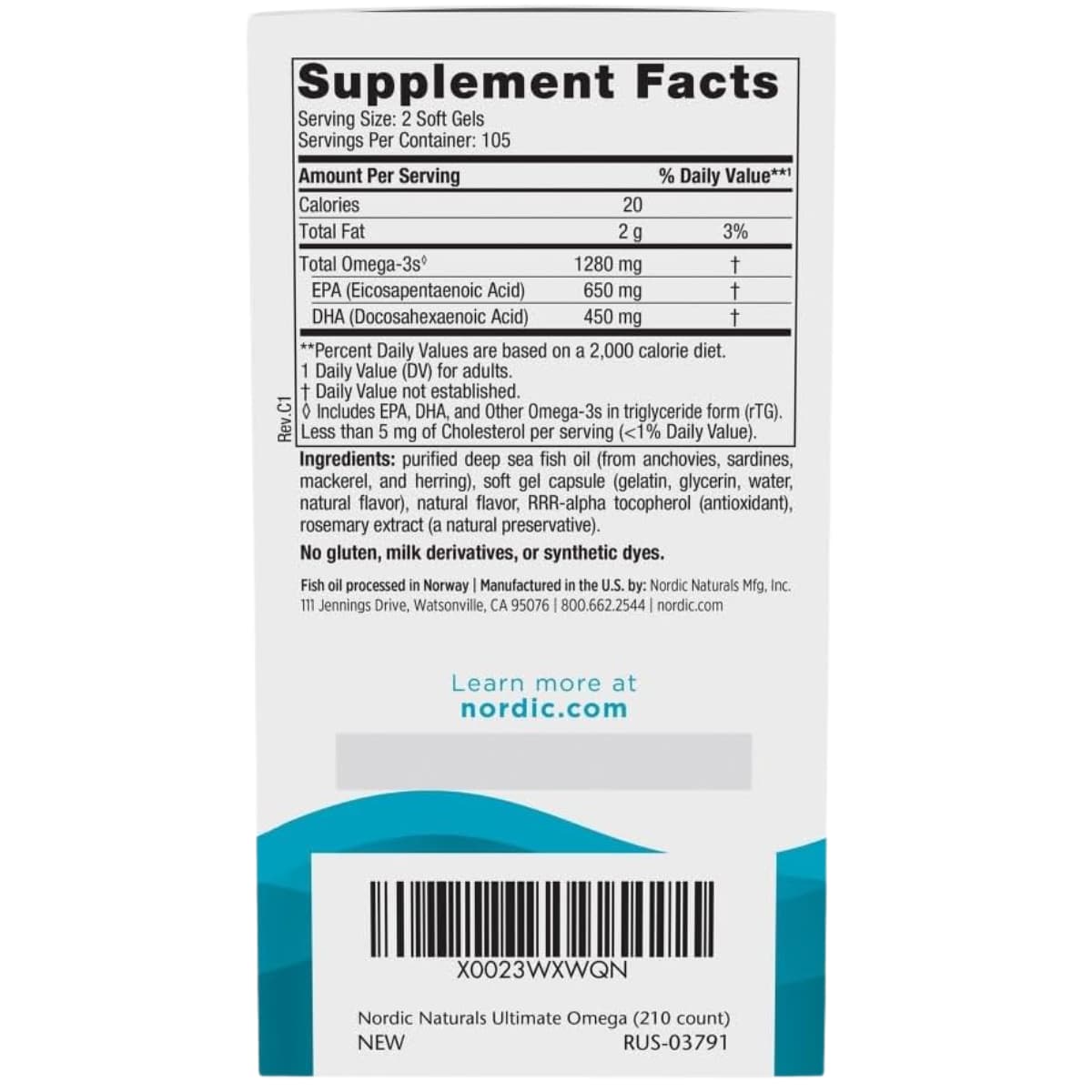 Tabla nutricional del suplemento Nordic Naturals Ultimate Omega Limón 210 cápsulas blandas
