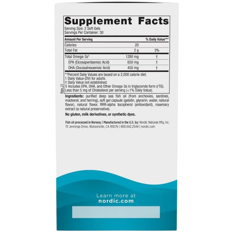 Tabla nutricional del suplemento Nordic Naturals Ultimate Omega Limón 60 cápsulas blandas
