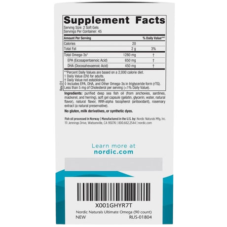 Tabla nutricional del suplemento Nordic Naturals Ultimate Omega Limón 90 cápsulas blandas