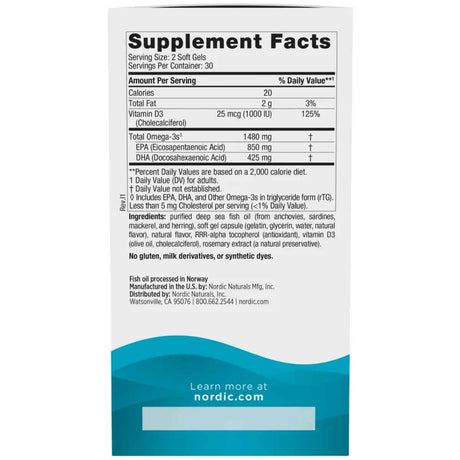 Tabla nutricional del suplemento Nordic Naturals Ultimate Omega Xtra Limón 60 cápsulas blandas