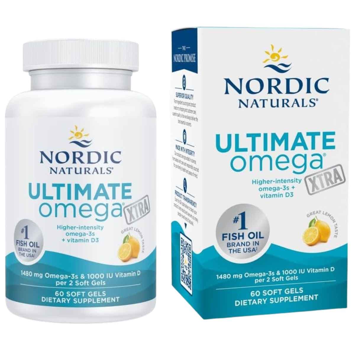 Frasco de suplemento Nordic Naturals Ultimate Omega Xtra Limón 60 cápsulas blandas