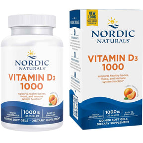Frasco de suplemento Nordic Naturals Vitamina D3 1000 UI Naranja 120 Mini Cápsulas Blandas