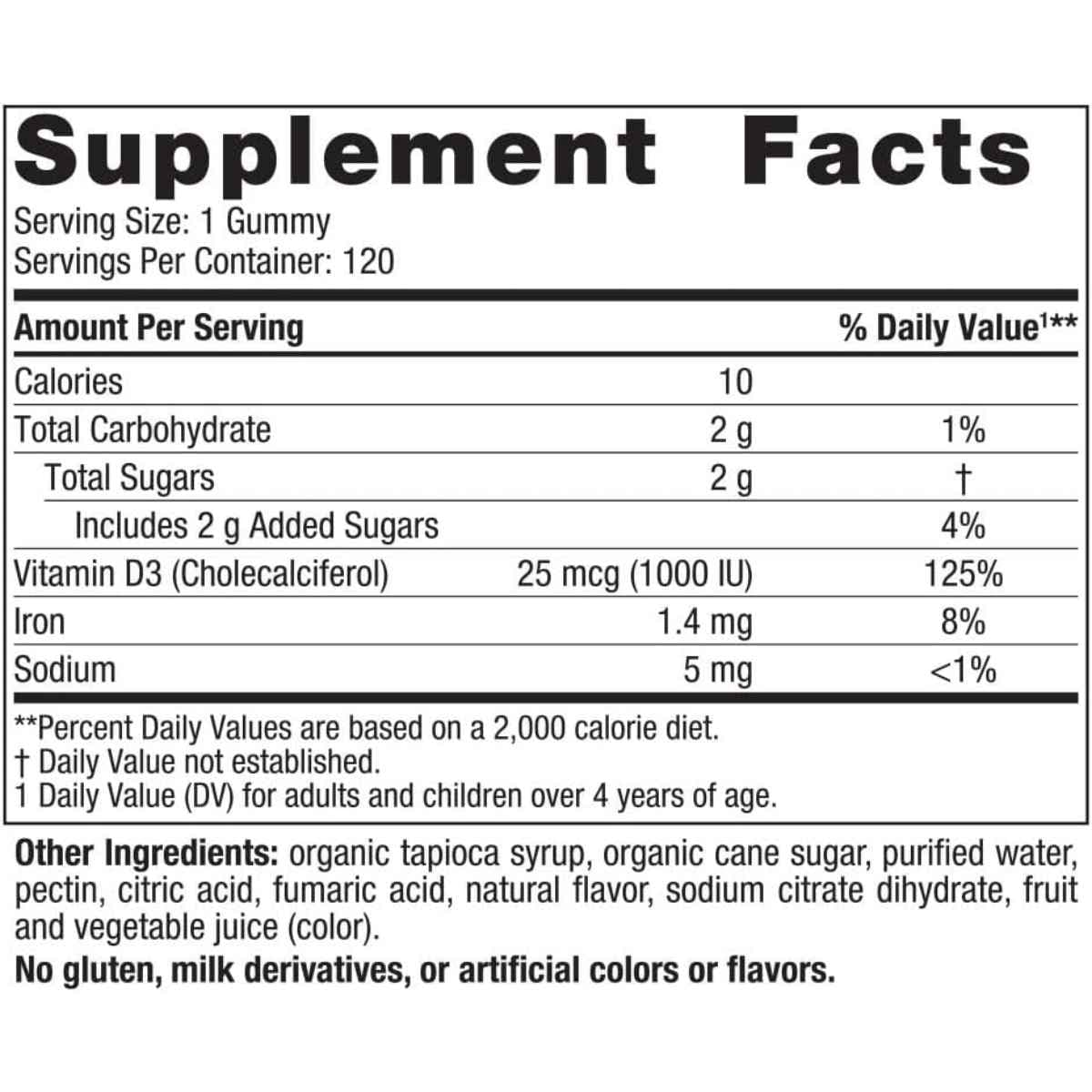 Tabla nutricional del suplemento Nordic Naturals Vitamina D3 Frutos del Bosque 1000 UI 120 Gomitas