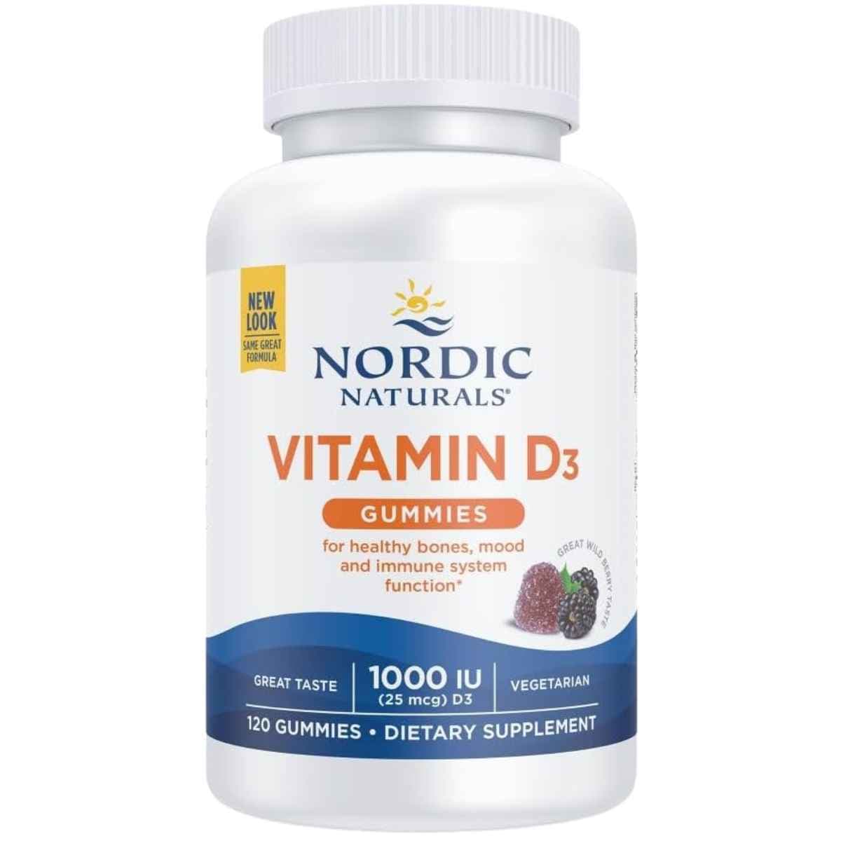 Frasco de suplemento Nordic Naturals Vitamina D3 Frutos del Bosque 1000 UI 120 Gomitas