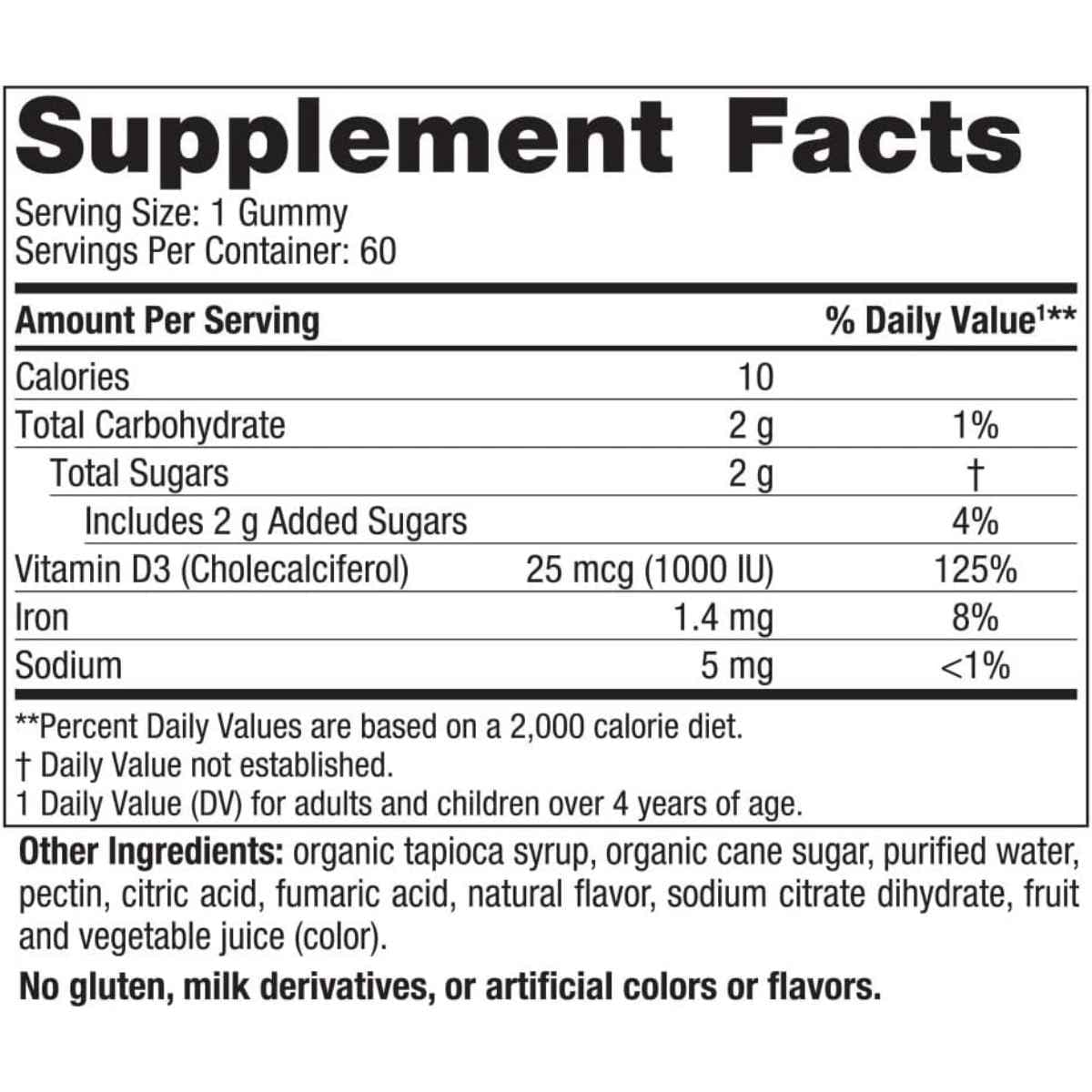 Tabla nutricional del suplemento Nordic Naturals Vitamina D3 Frutos del Bosque 1000 UI 60 Gomitas