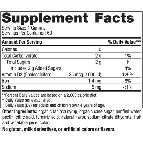 Tabla nutricional del suplemento Nordic Naturals Vitamina D3 Frutos del Bosque 1000 UI 60 Gomitas