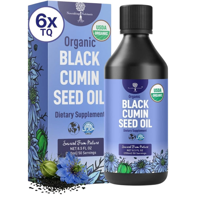 Botella y caja de Nourishing Nutrients aceite orgánico de semilla de comino negro de 250 ml