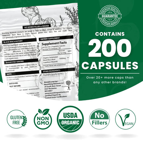 Tabla nutricional del suplemento Nourishing Nutrients Maca Negra Gelatinizada Orgánica 200 cápsulas veganas