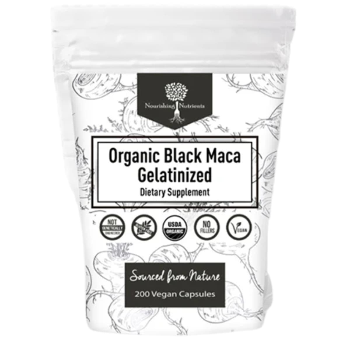 Bolsa de suplemento Nourishing Nutrients Maca Negra Gelatinizada Orgánica 200 cápsulas veganas