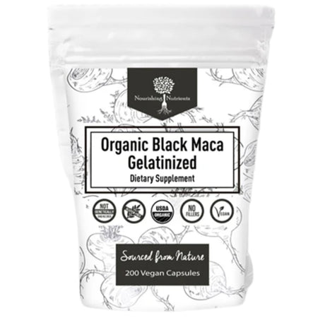Bolsa de suplemento Nourishing Nutrients Maca Negra Gelatinizada Orgánica 200 cápsulas veganas