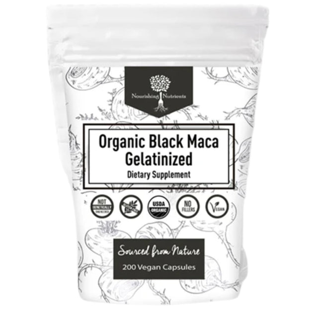 Bolsa de suplemento Nourishing Nutrients Maca Negra Gelatinizada Orgánica 200 cápsulas veganas