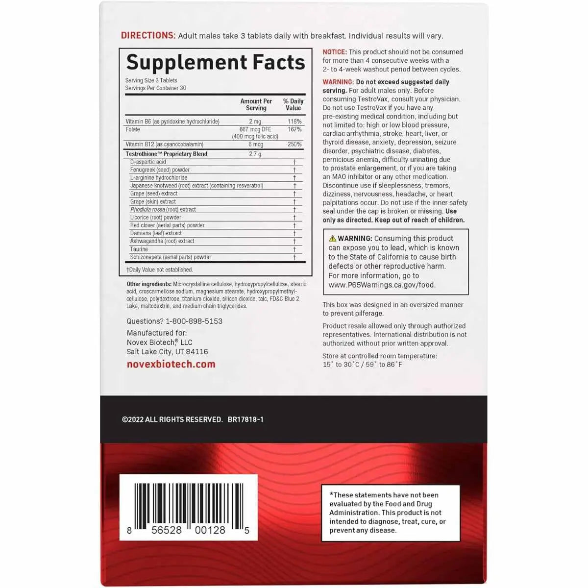 Información nutricional de Novex Biotech Testosterona para Hombres 90 Tabletas - Suplemento de testosterona con vitaminas y extractos